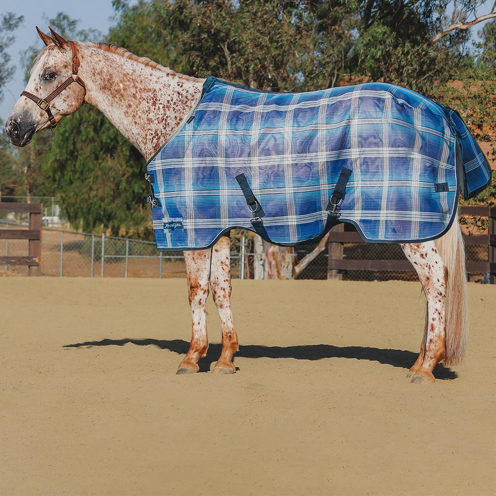 Kensington Protective Sheet Surefit chest buckle illustrates secure fit during riding.