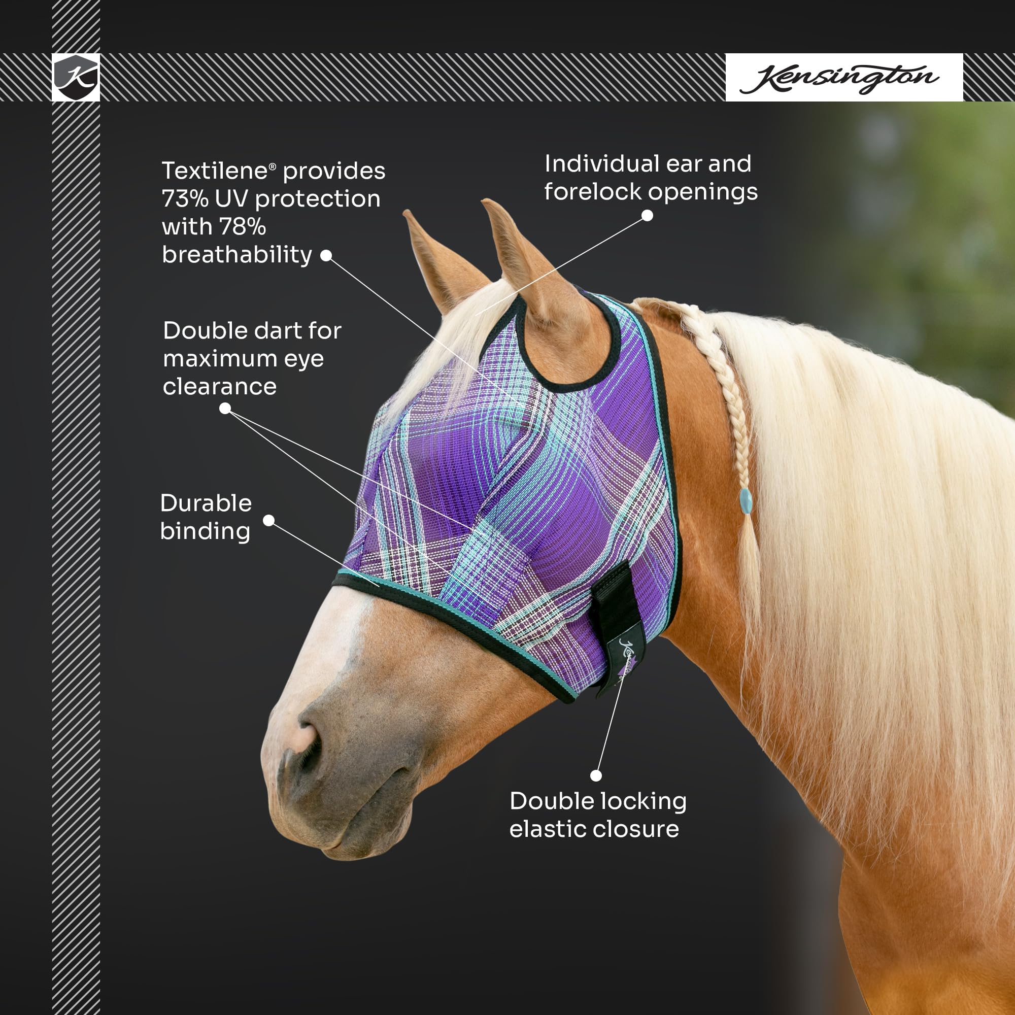 Kensington UV horse fly mask durable web trim close-up highlights wear-resistance.