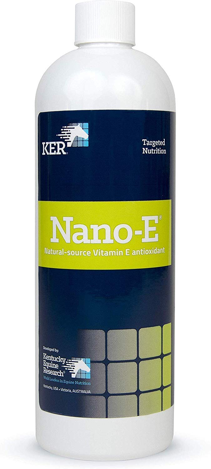 Kentucky Equine Research Nano-E bottle front view supports natural vitamin E for horses' antioxidant needs.