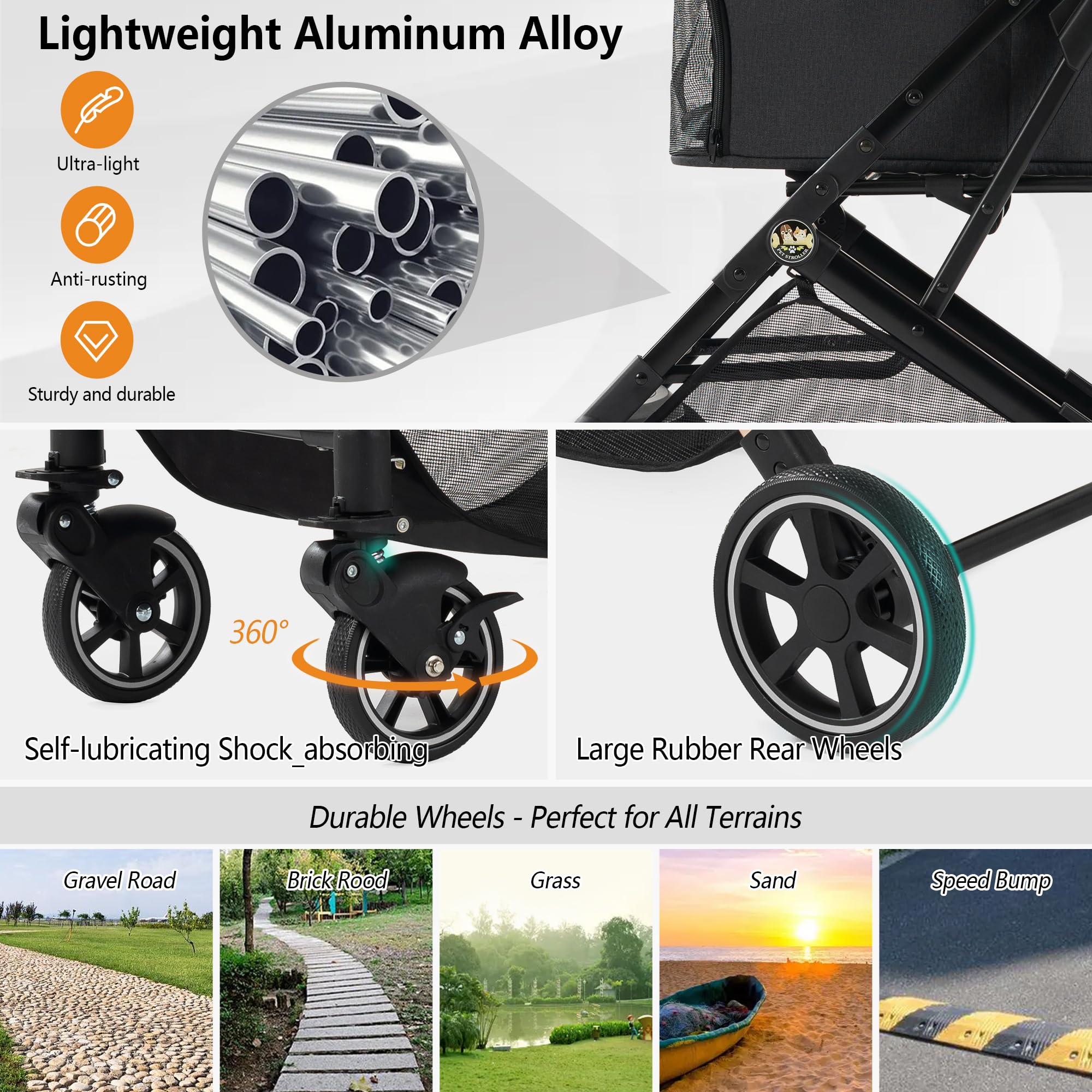Kenyone medium dog stroller aluminum frame highlights lightweight durability.