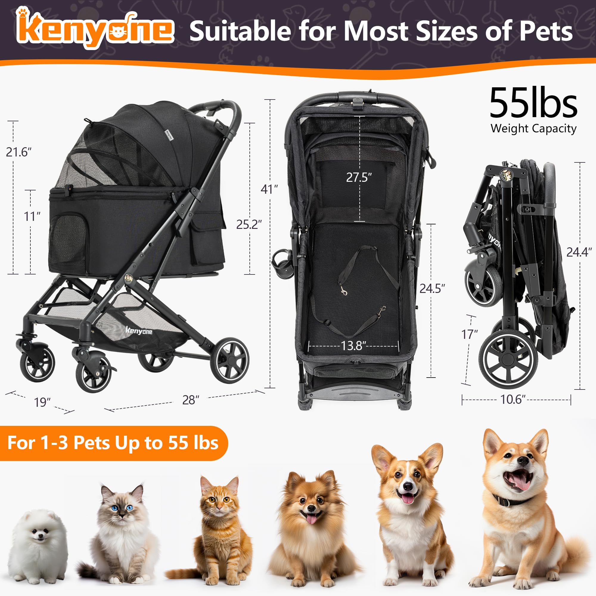 Kenyone stroller front wheels with brakes enable safe, controlled steering.