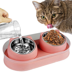 KEVIDEAWL elevated cat bowls on pink stand with stainless steel bowls reduce neck strain at mealtime.