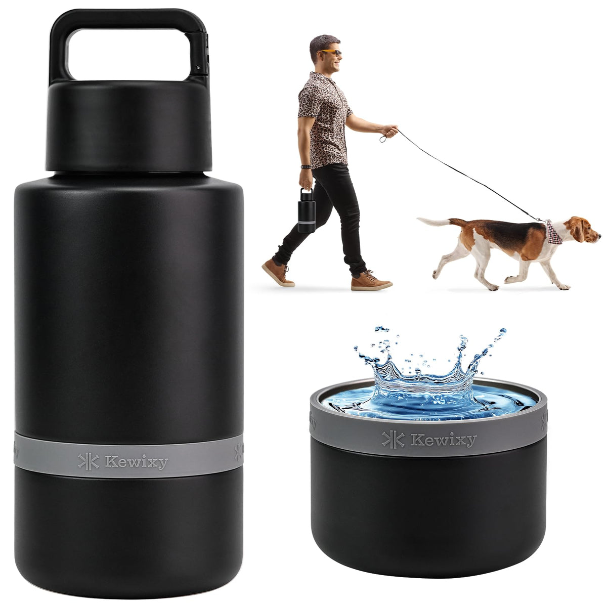 KEWIXY insulated dog water bottle with travel bowl on a trail keeps your dog hydrated.