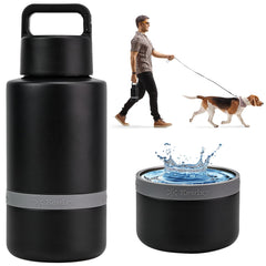 KEWIXY insulated dog water bottle with travel bowl on a trail keeps your dog hydrated.