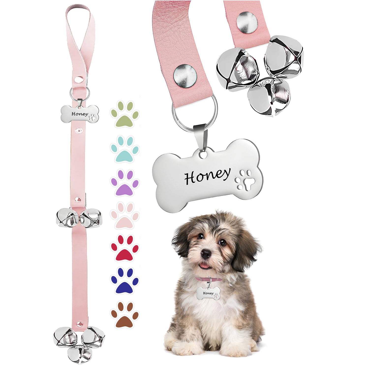 KEXIAVA dog bells leather pink bone, front view for signaling potty breaks.