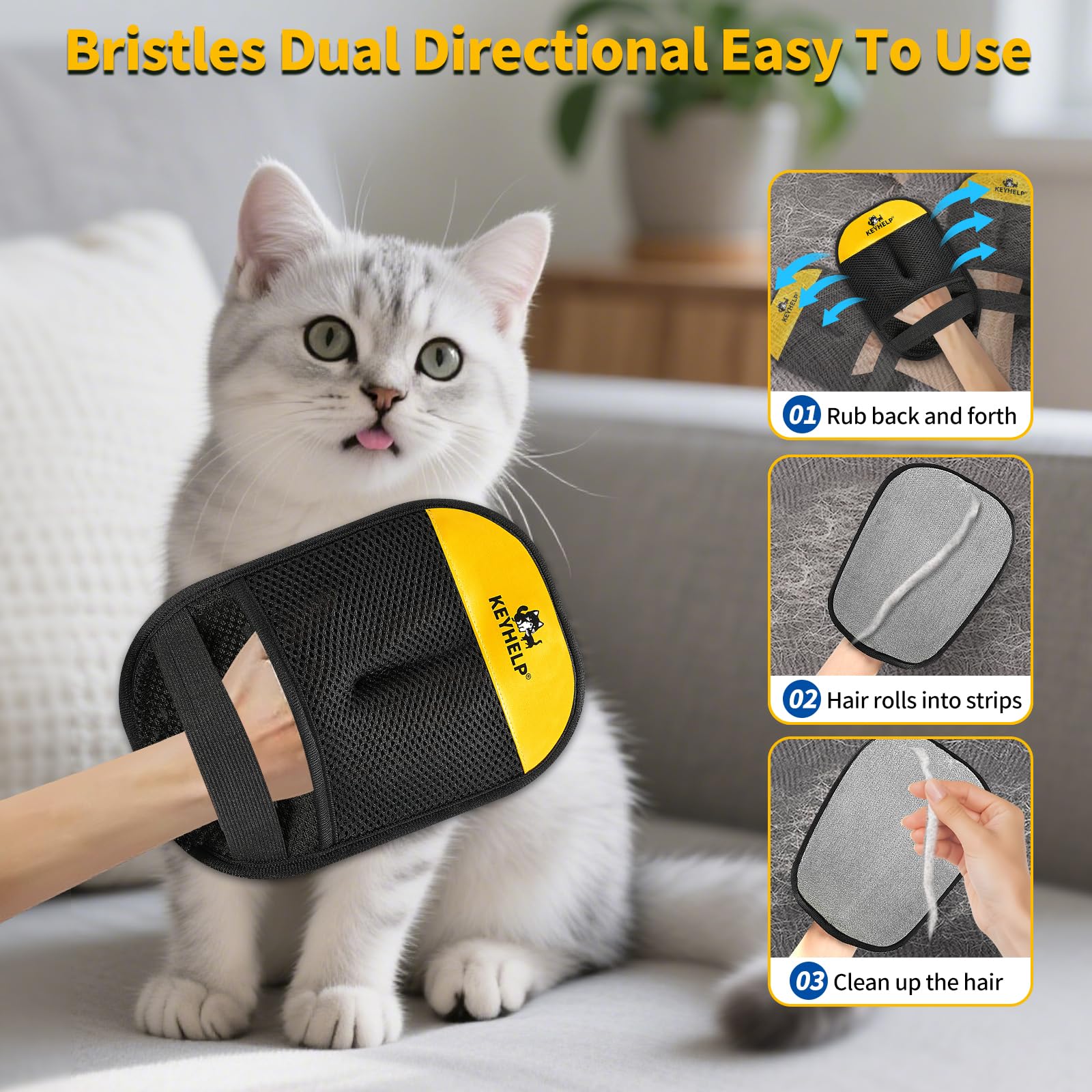KEYHELP Pet Hair Removal Glove on sofa demonstrates quick hair removal