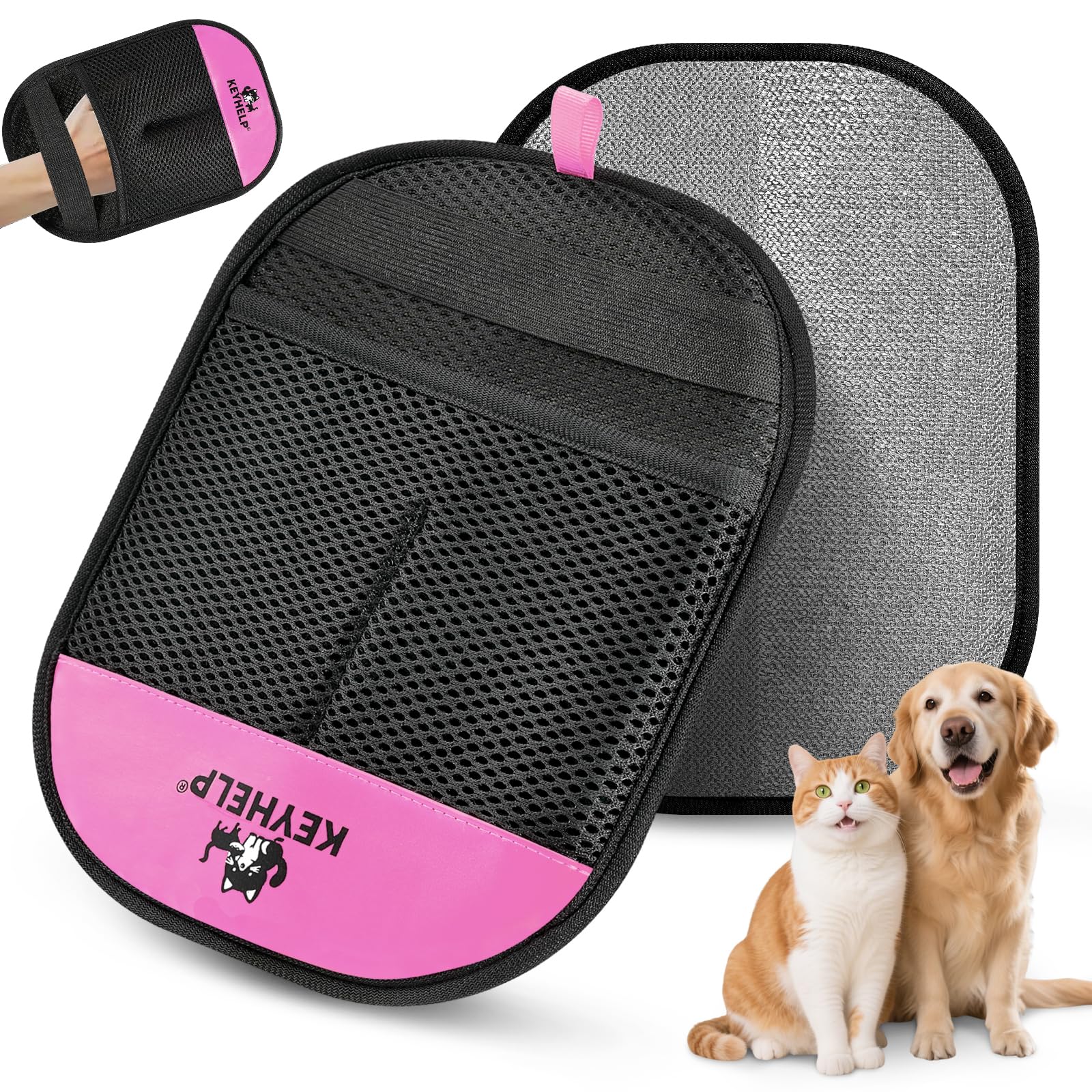 KEYHELP pink pet hair removal glove in use on clothing for fur removal