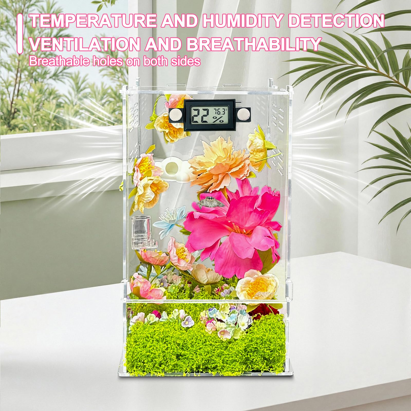 KFPSHLQE artificial flowers and moss décor decorate enclosure, adding natural hiding spots.