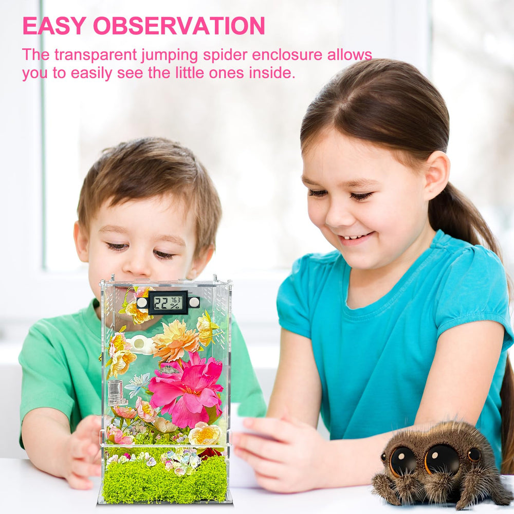 KFPSHLQE jumping spider enclosure with clear acrylic body enables easy observation.