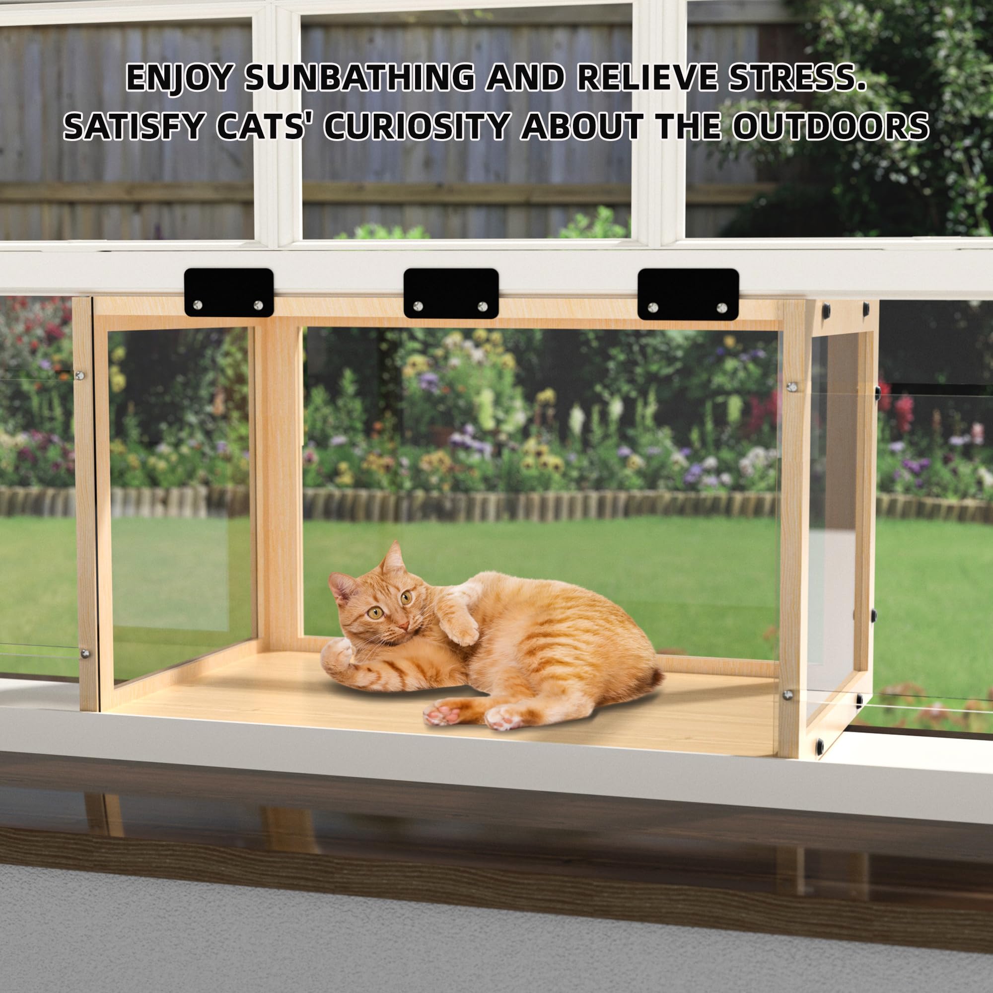 KGCCIZI Window Cat Perch Catio dimensions indicate 24–35 in frame fit