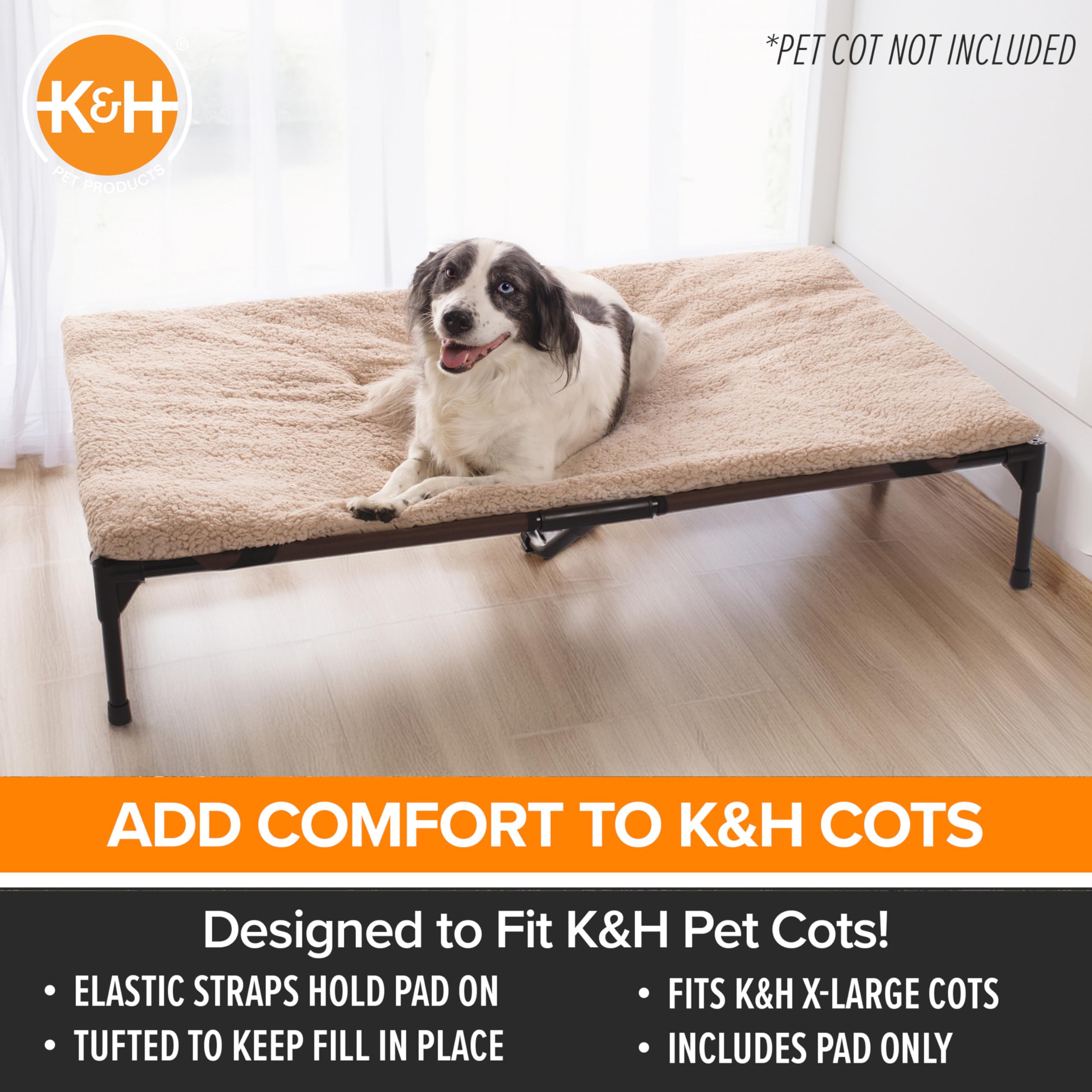 K&H Pet Products dog cot pad elastic-straps demonstrates secure fit preventing pad slippage during play.