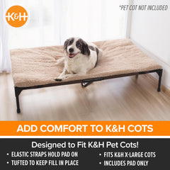 K&H Pet Products dog cot pad elastic-straps demonstrates secure fit preventing pad slippage during play.