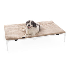 K&H Pet Products dog cot pad pillow-top shows plush comfort for cozy naps on an elevated bed.
