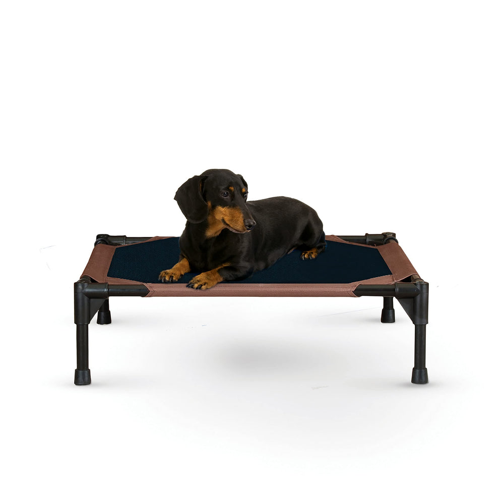 K&amp;H Pet Products outdoor elevated dog cot small chocolate with cover, ideal for cooling outdoors.
