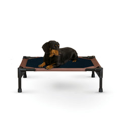 K&amp;H Pet Products outdoor elevated dog cot small chocolate with cover, ideal for cooling outdoors.