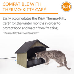K&H Outdoor Kitty Dining Room Shelter rain protection; vinyl-backed nylon blocks elements.