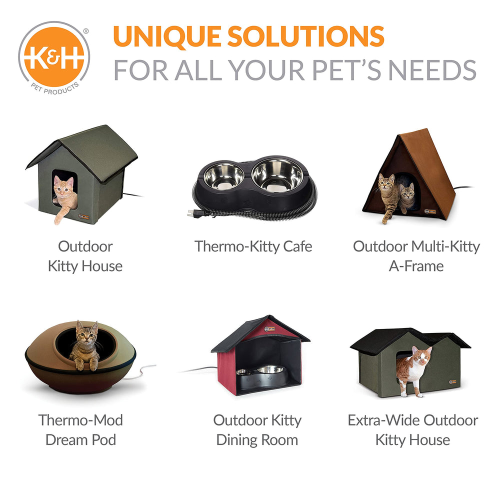 K&H Outdoor Kitty Dining Room Shelter dimensions and footprint; fits standard outdoor bowls.
