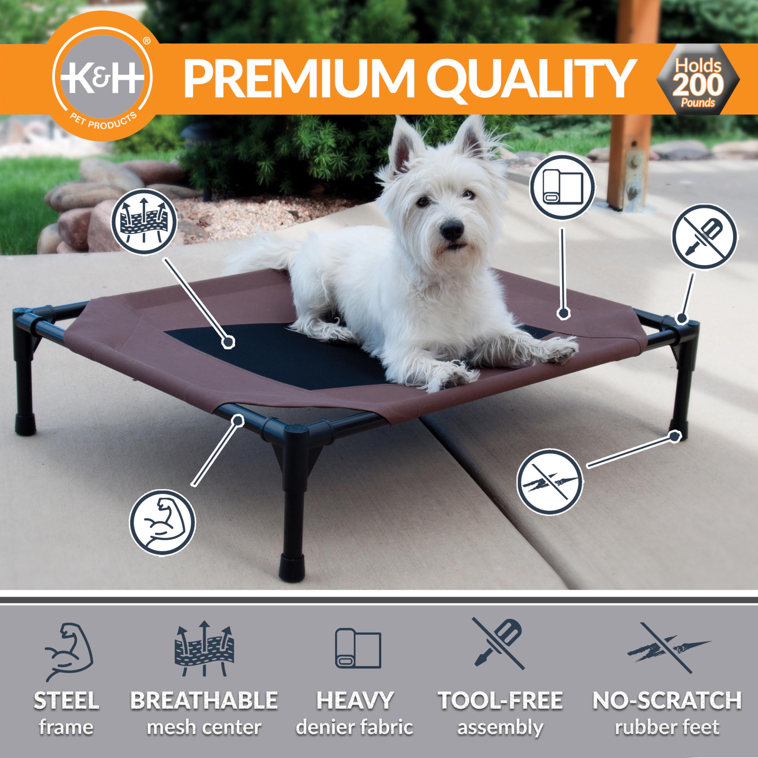 K&amp;H Pet Products water-resistant denier fabric on dog cot handles outdoor moisture.