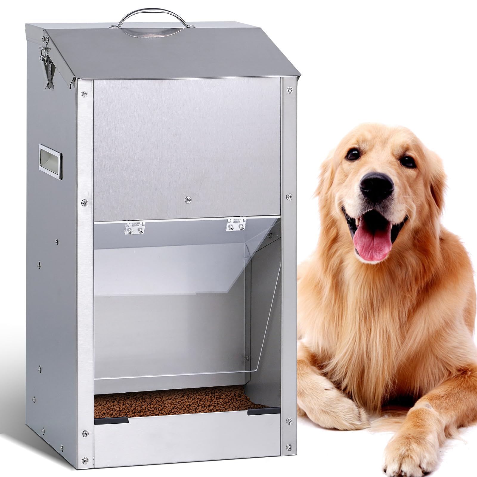 KHEARPSL automatic dog feeder in stainless steel for durable indoor or outdoor use.