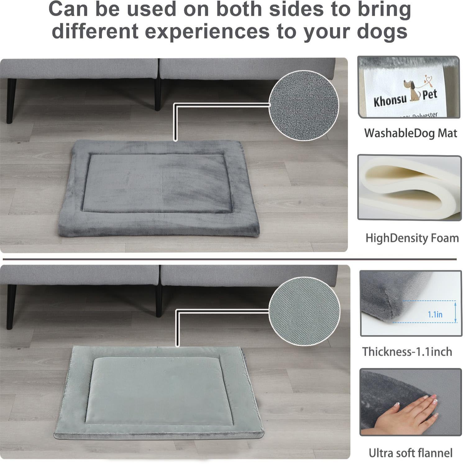 KHONSU PET dog bed mat with reversible flannel and canvas sides for seasonal comfort