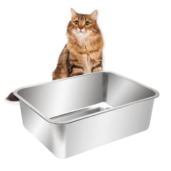 Kichwit extra-large stainless steel open litter box side view with high sides reducing mess.