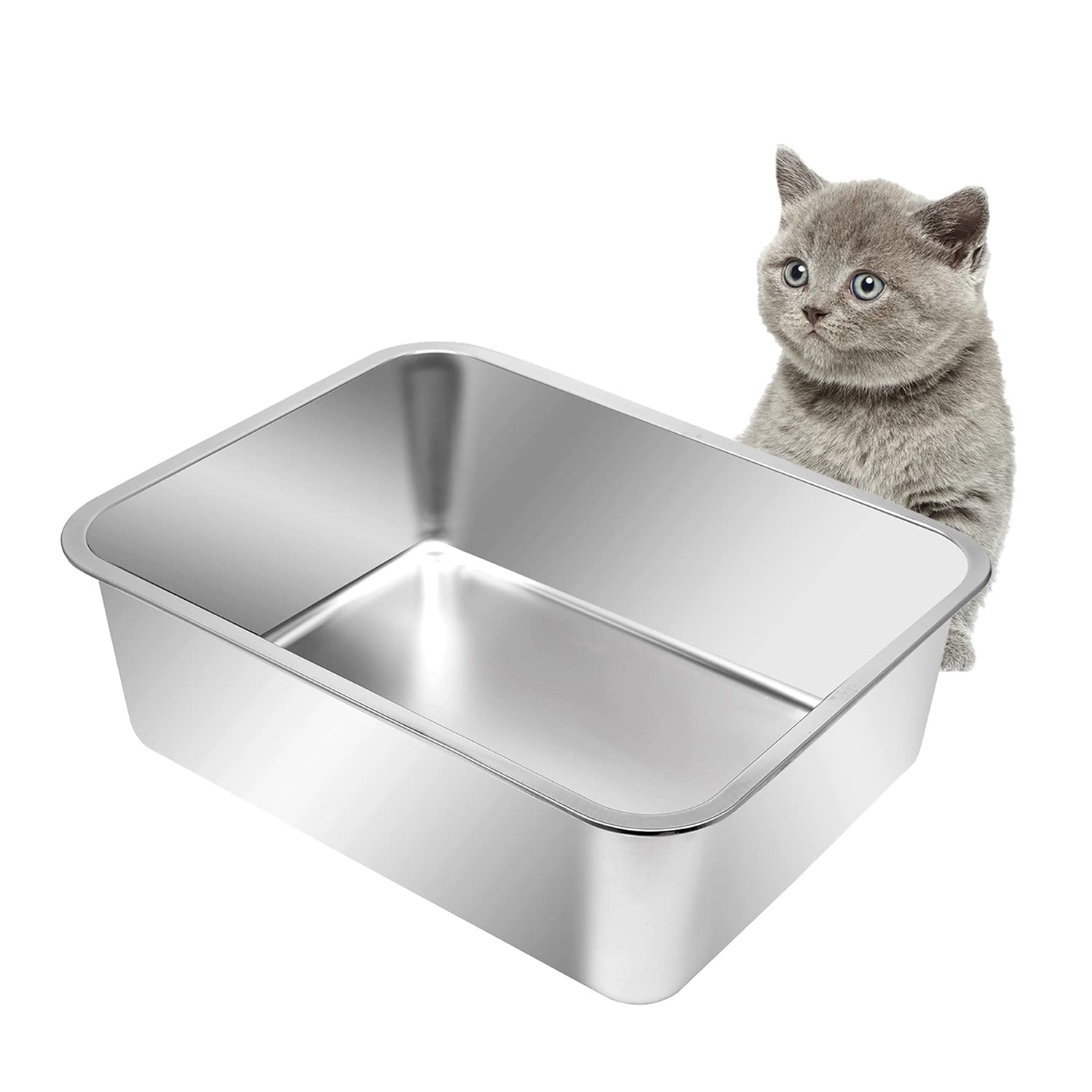 Kichwit stainless steel cat litter box front view highlights rust-resistant durability and a spacious footprint.