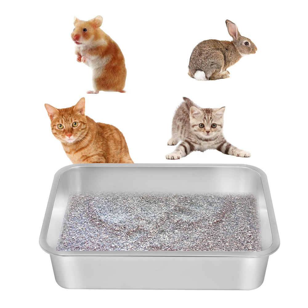 Kichwit stainless steel cat litter box front view shows easy entry and durable design.