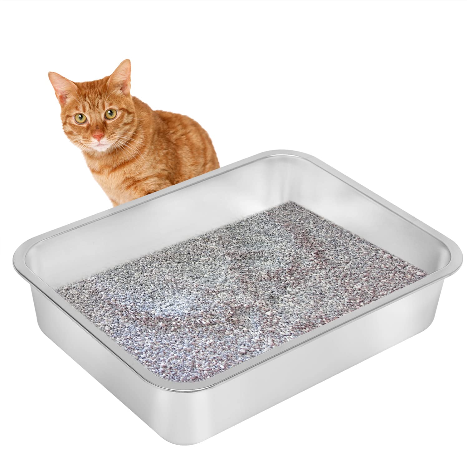 Kichwit stainless steel cat litter box top-down view emphasizing smooth non-stick surface.