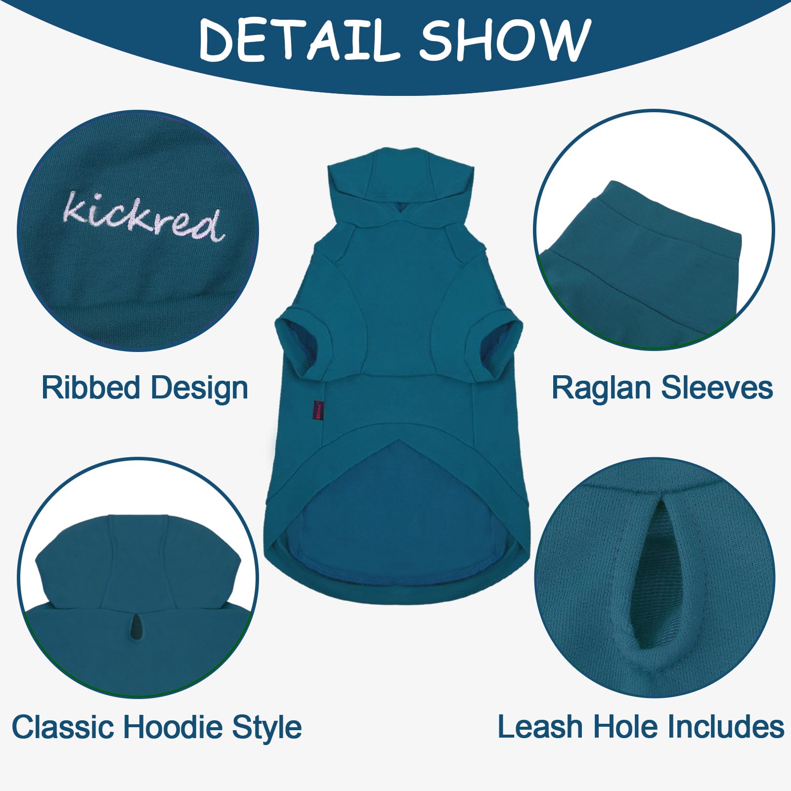 Kickred dog hoodie pocket and leash hole detail supports secure leash access.
