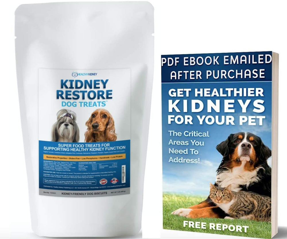 Kidney Restore dog treat packaging highlights a renal-support formula for healthy kidneys.