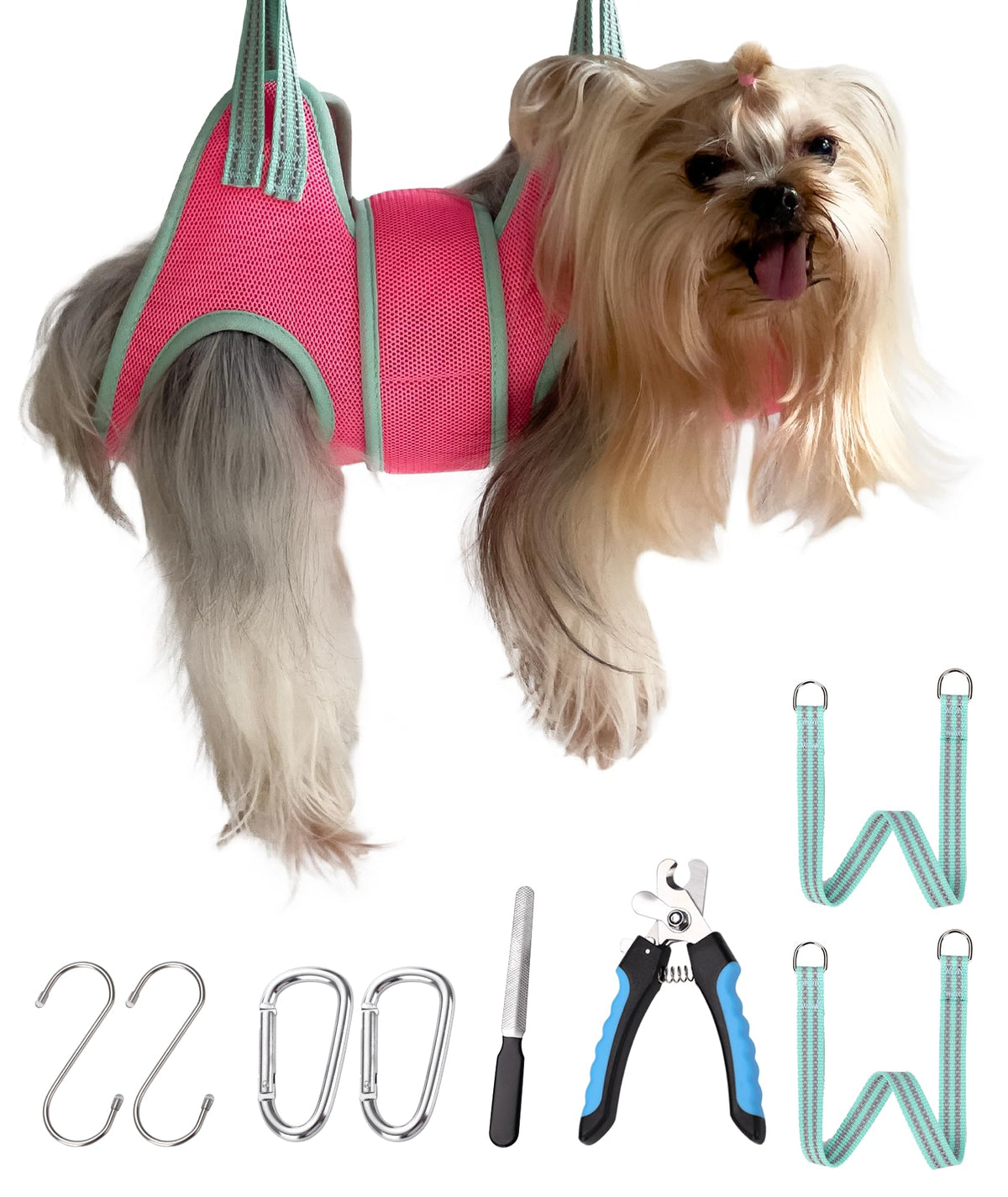 Kkiimatt dog grooming hammock neck-support close-up showing gentle weight distribution during grooming.