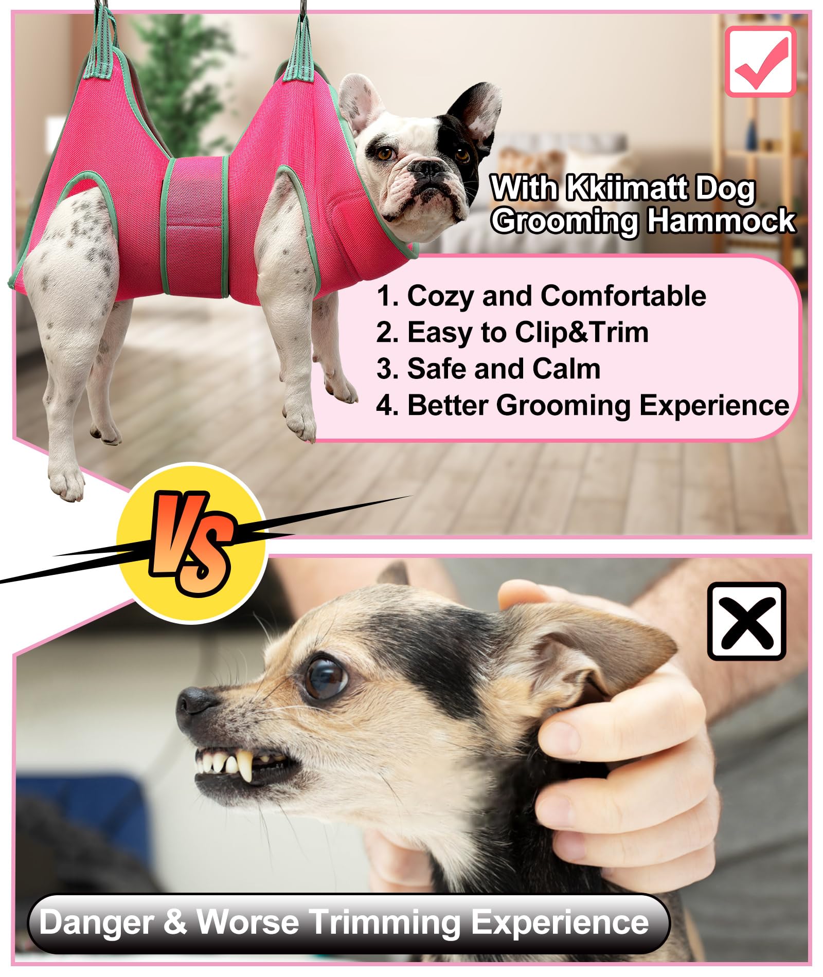 Kkiimatt grooming hammock wide-strap design prevents escapes during at-home trims.