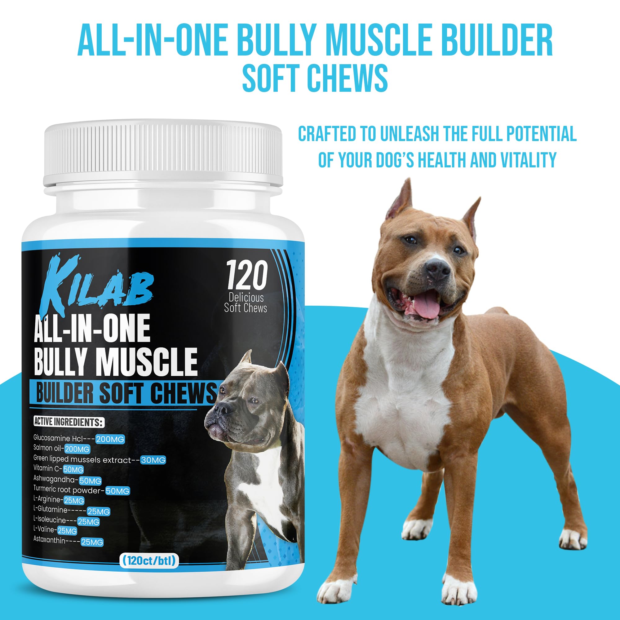 Kilab Pitbull Soft Chew bowl image emphasizes tasty treats aiding muscle support