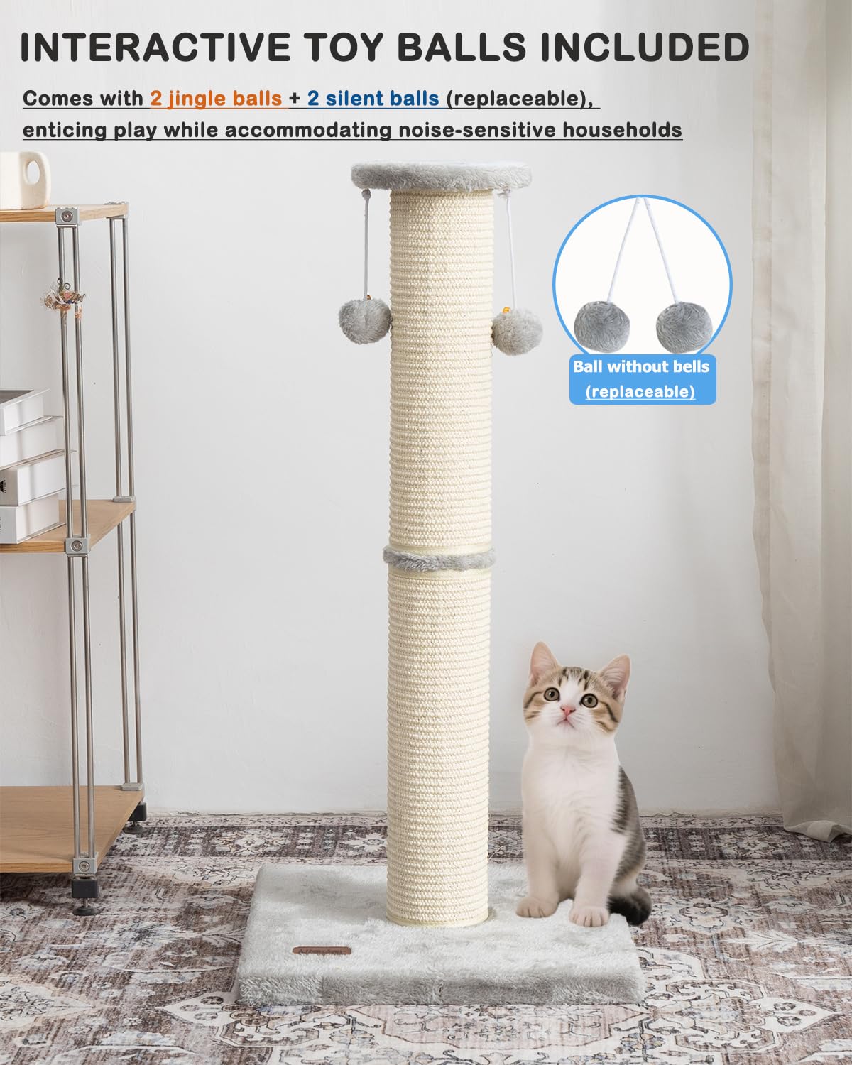 Kilodor cat scratching post grey fabric blends with décor.