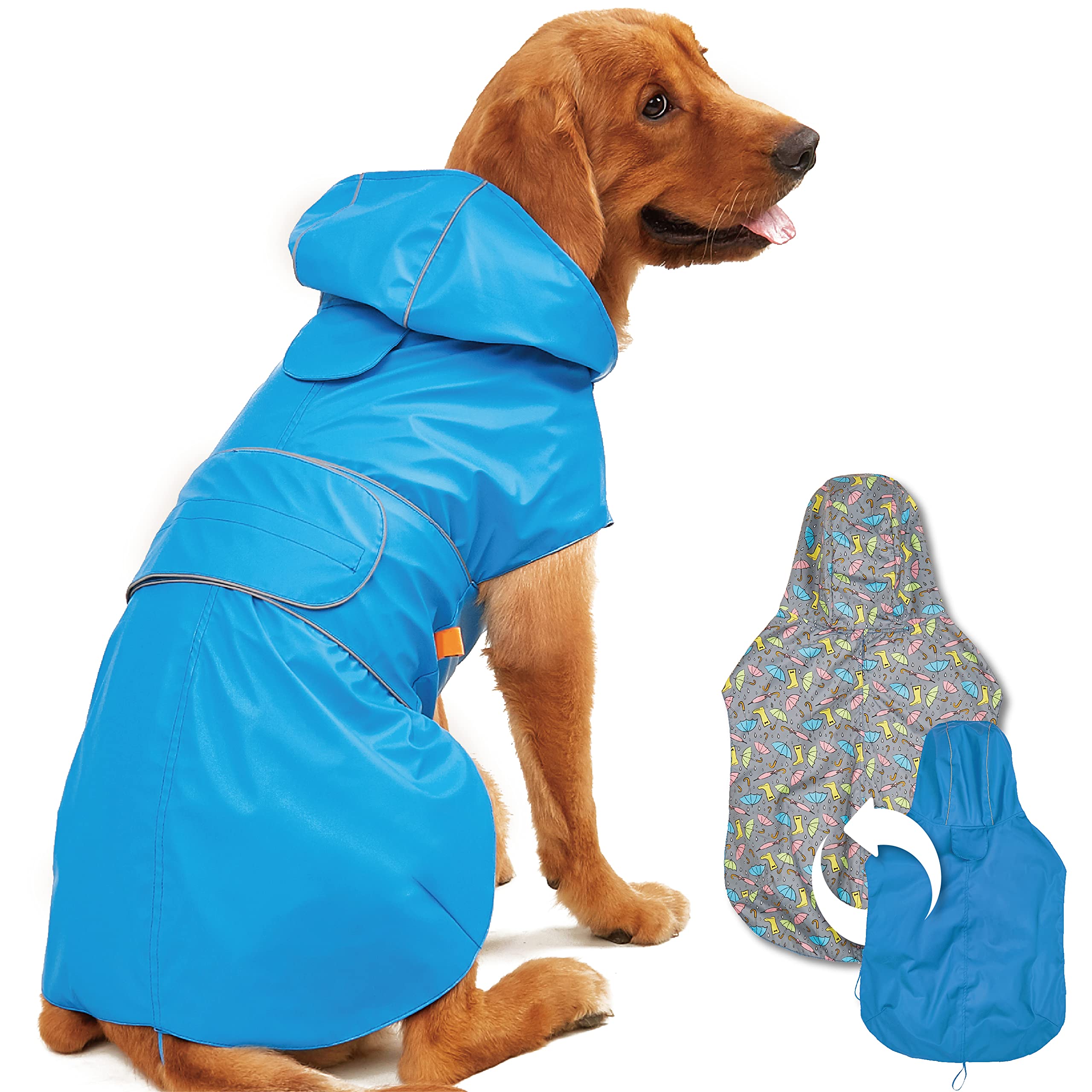 Kimee dog raincoat reversible-design offers two stylish looks for rainy day walks.