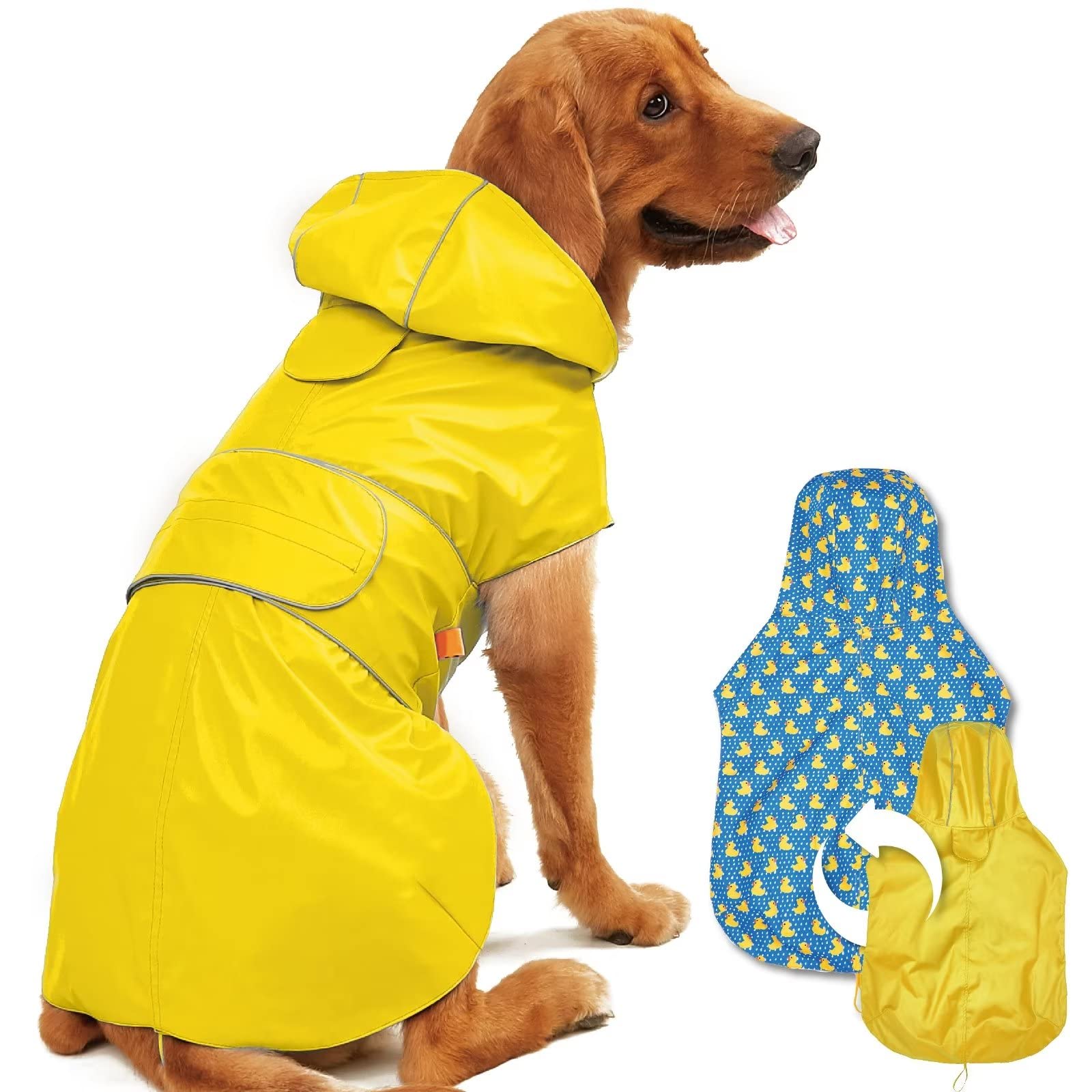 Kimee dog raincoat front view shows reversible color option for versatile weather wear