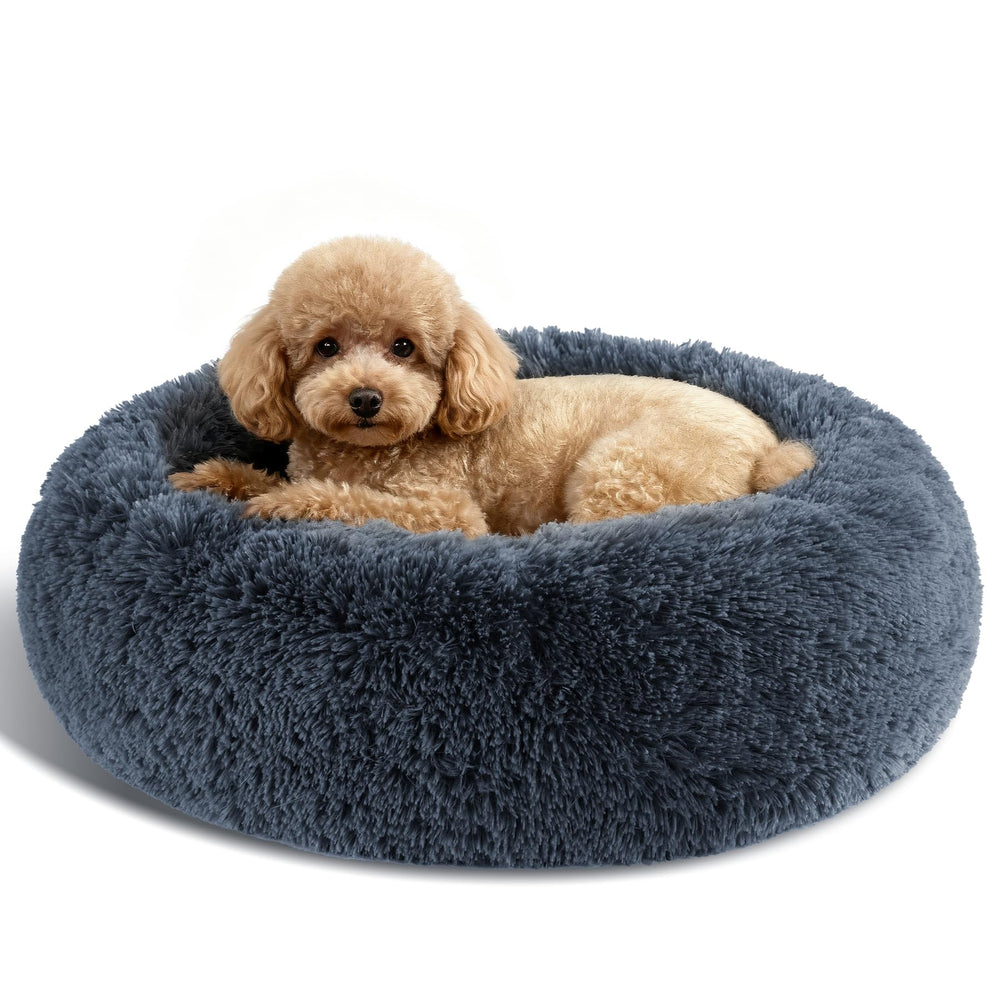 Kimpets dog calming bed front view shows cozy round lounging for anxious dogs.