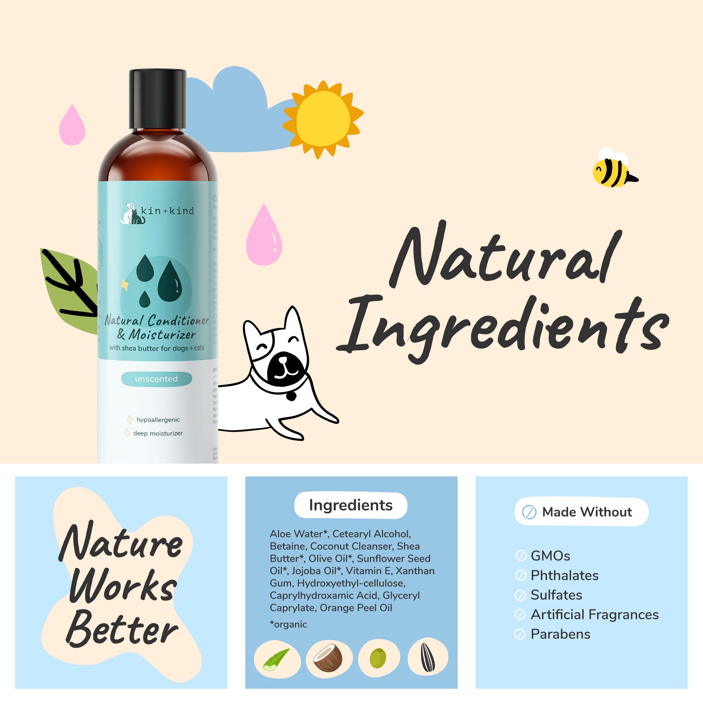 kin+kind cuida piel sensible y pelaje suave gracias a ingredientes naturales.