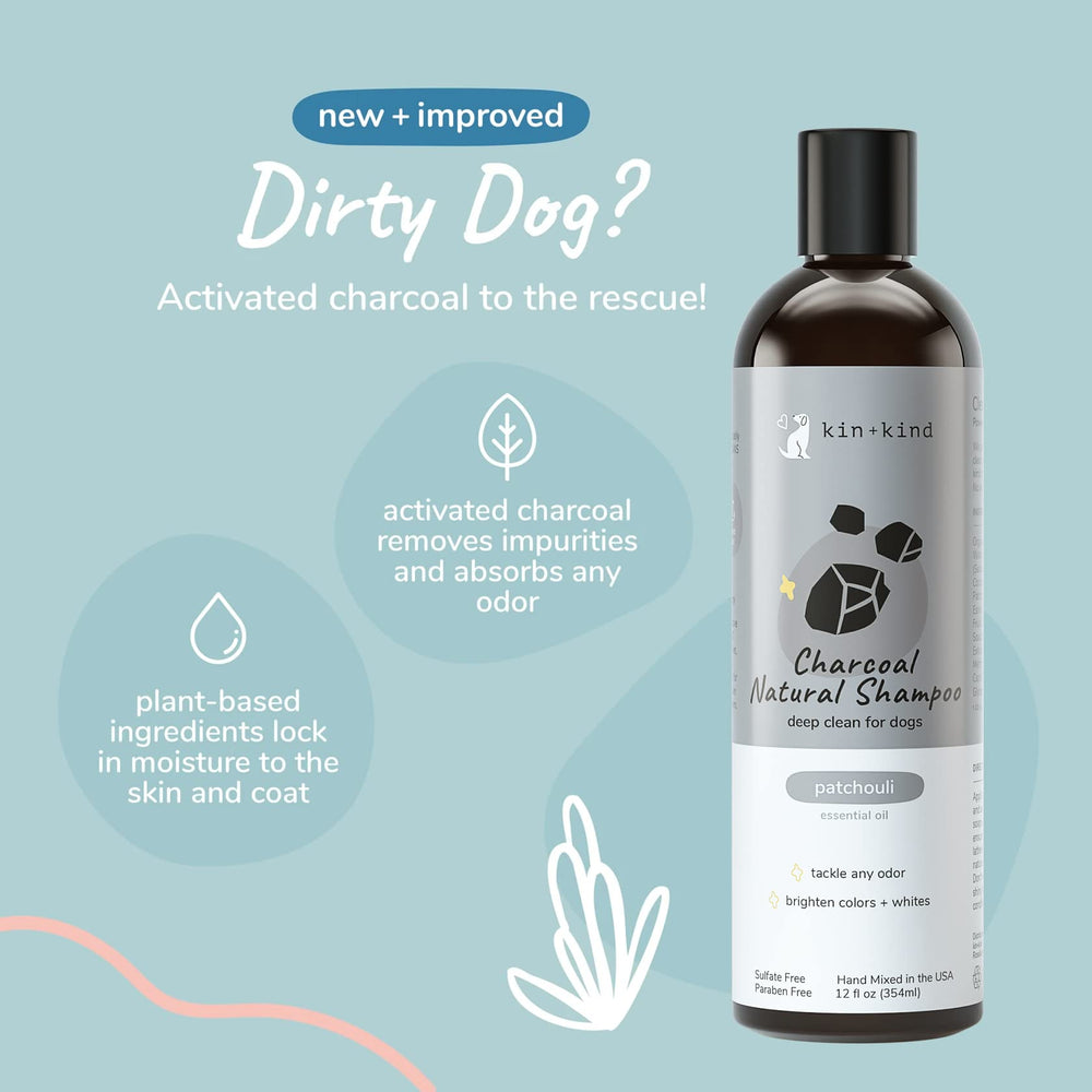 kin+kind activated charcoal shampoo cleanses and deodorizes pets.
