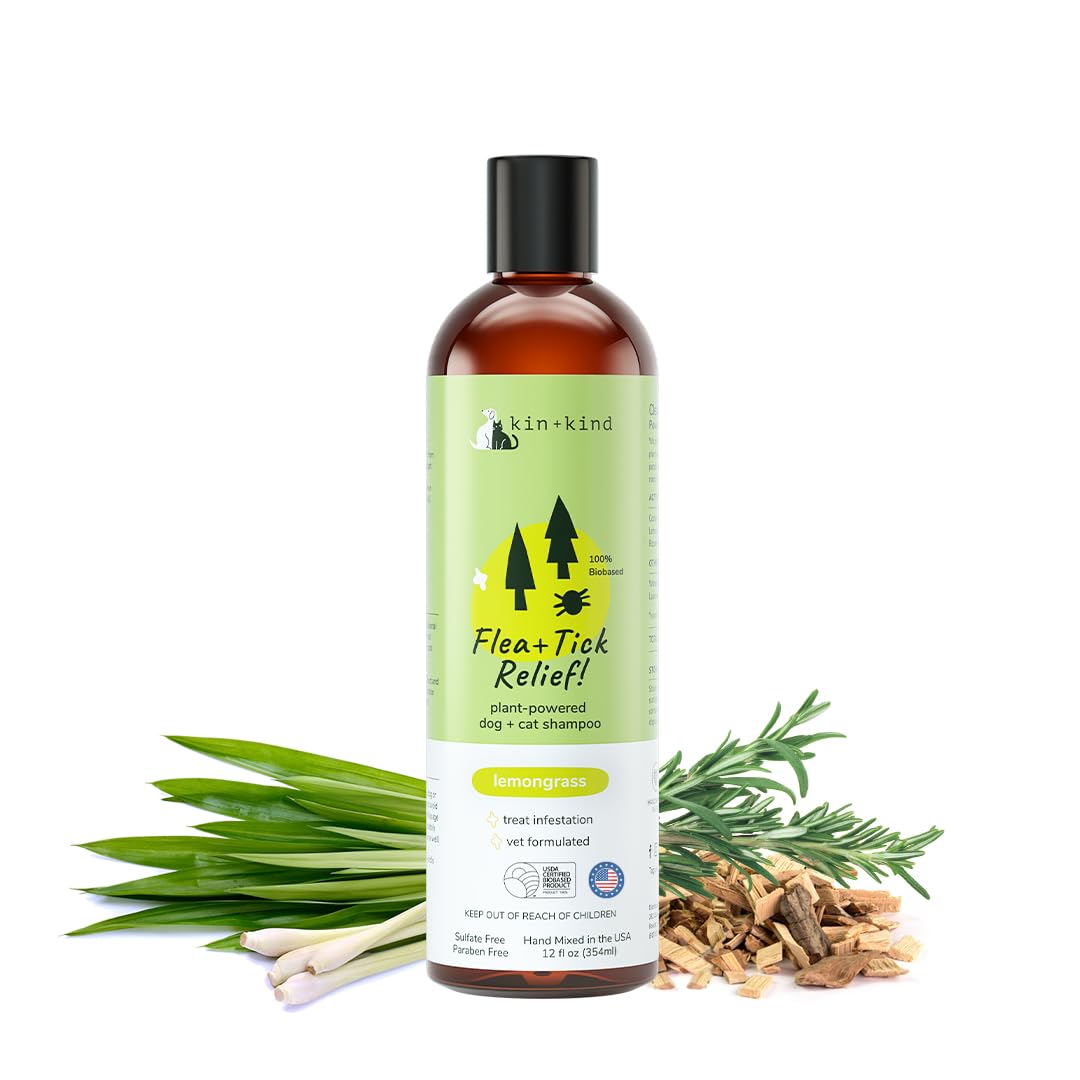 kin+kind Flea & Tick shampoo bottle front—plant-powered care for pets.