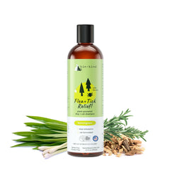 kin+kind Flea & Tick shampoo bottle front—plant-powered care for pets.