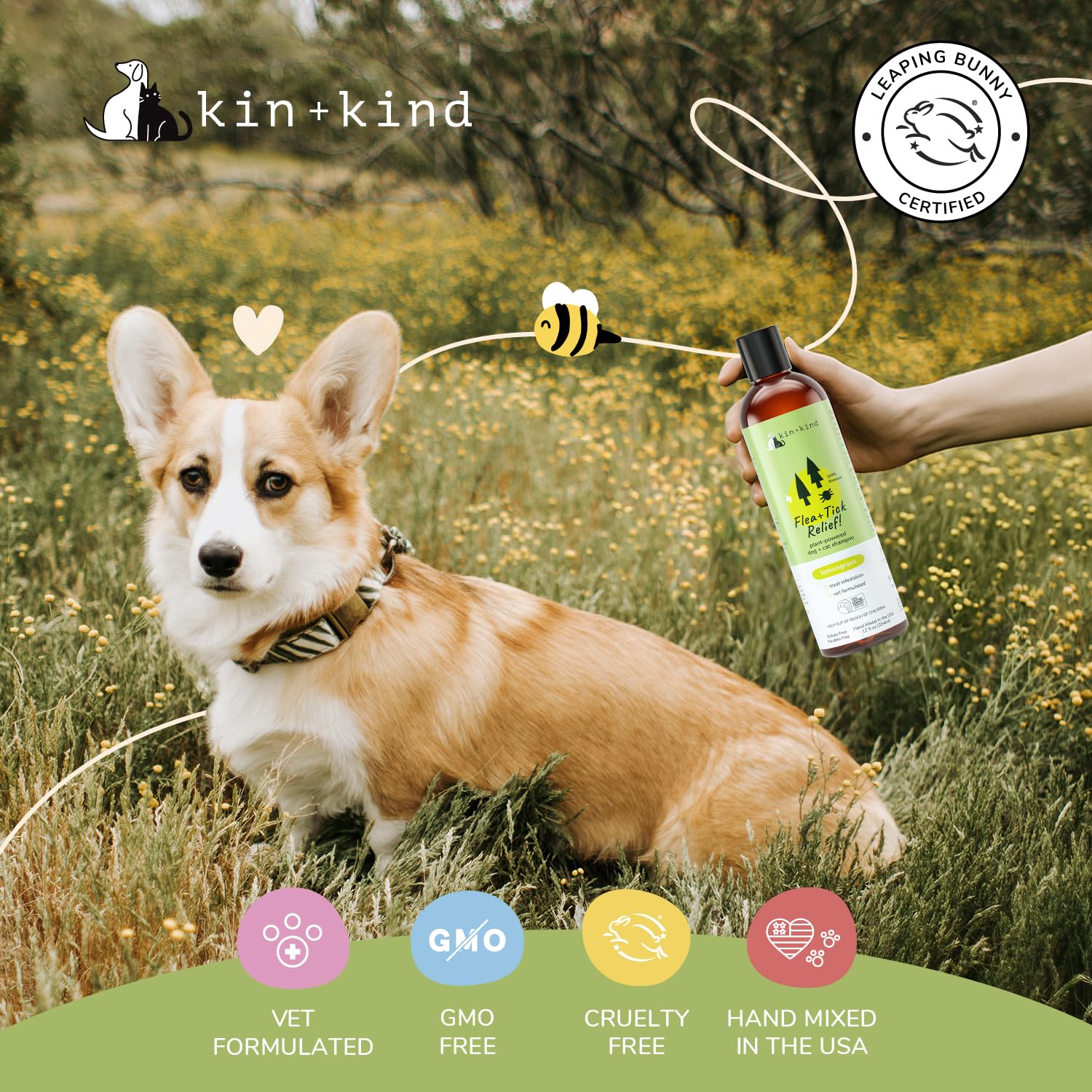 kin+kind Flea & Tick shampoo cruelty-free—ethical care for pets.