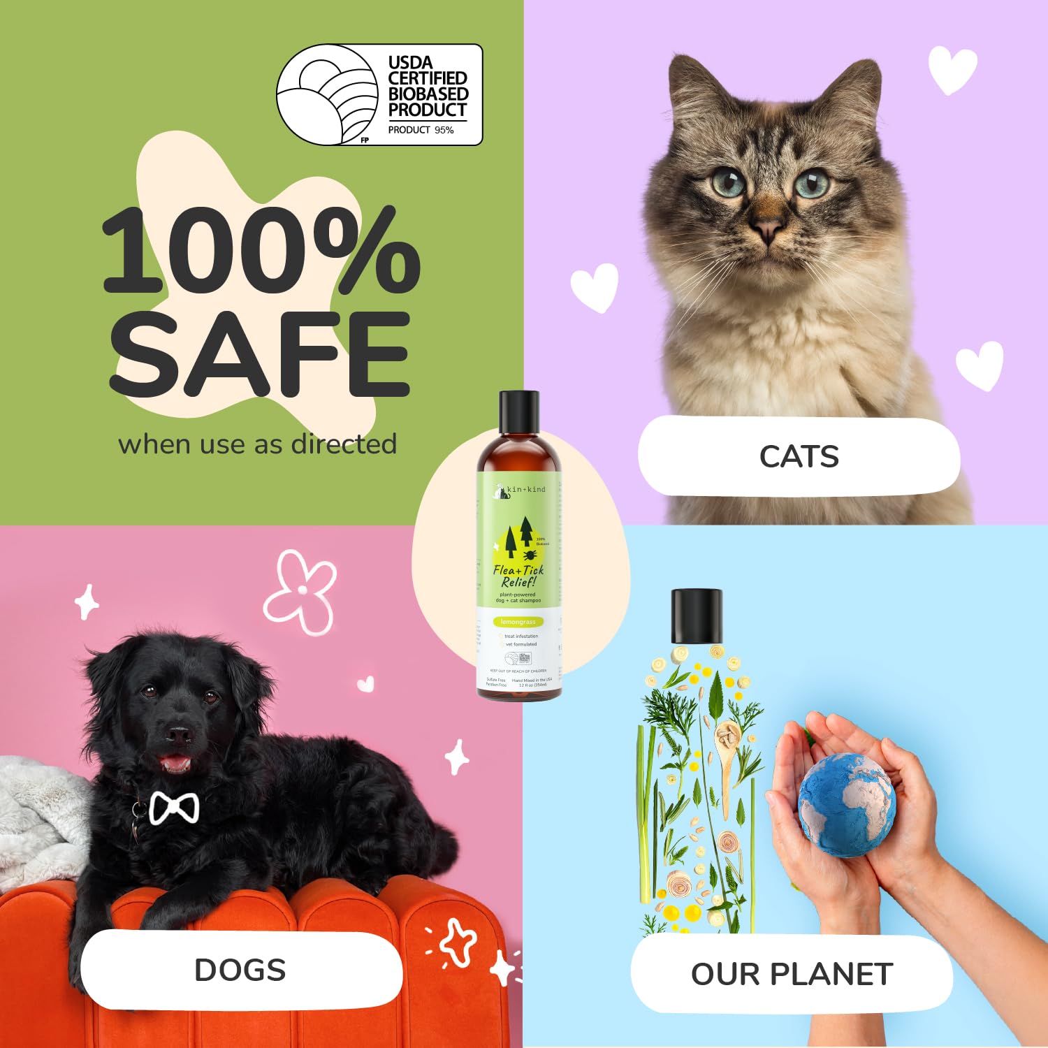 kin+kind Flea & Tick shampoo pet bath—soothing cleanse for dogs and cats.