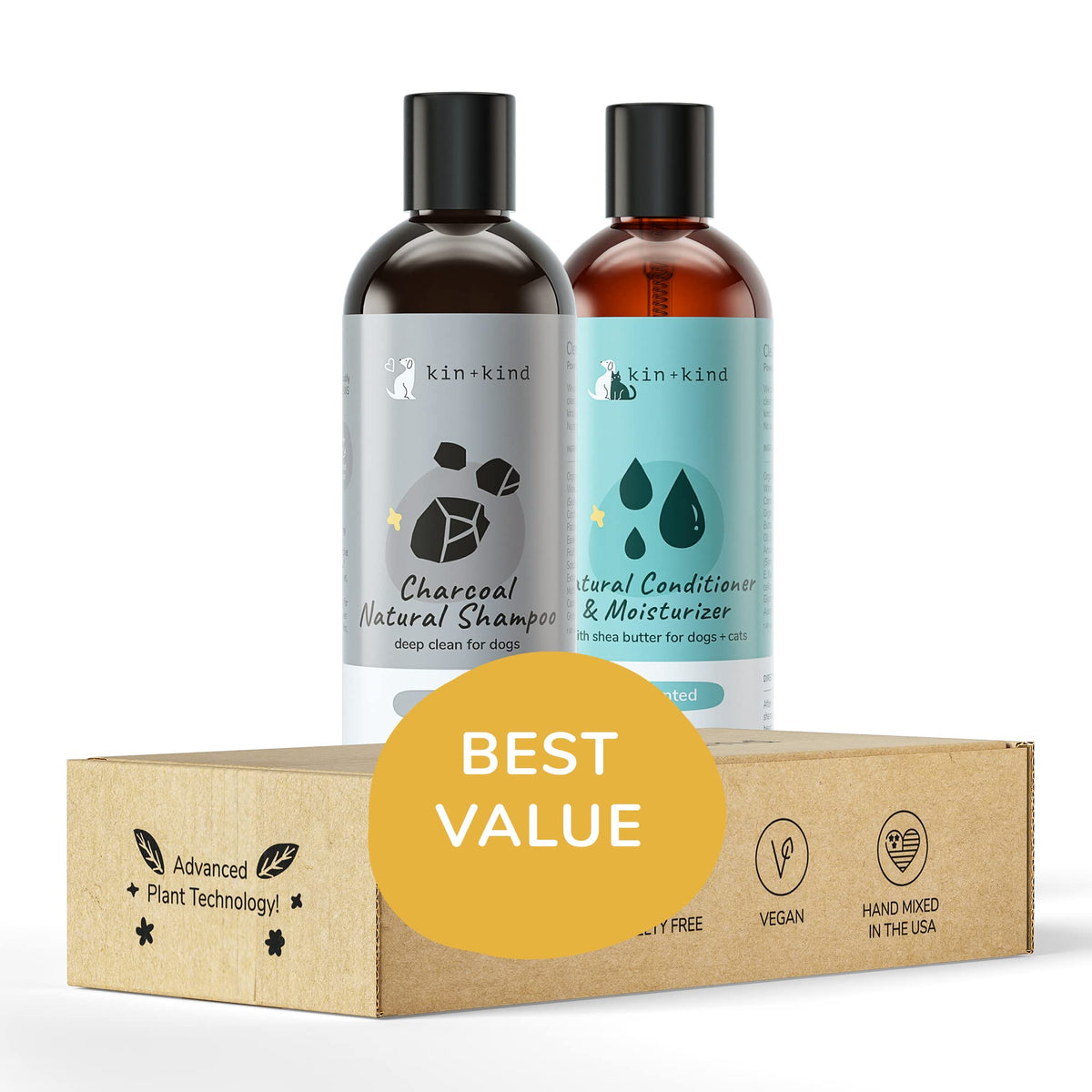 kin+kind natural cat and dog shampoo set packaging for easy at-home grooming.