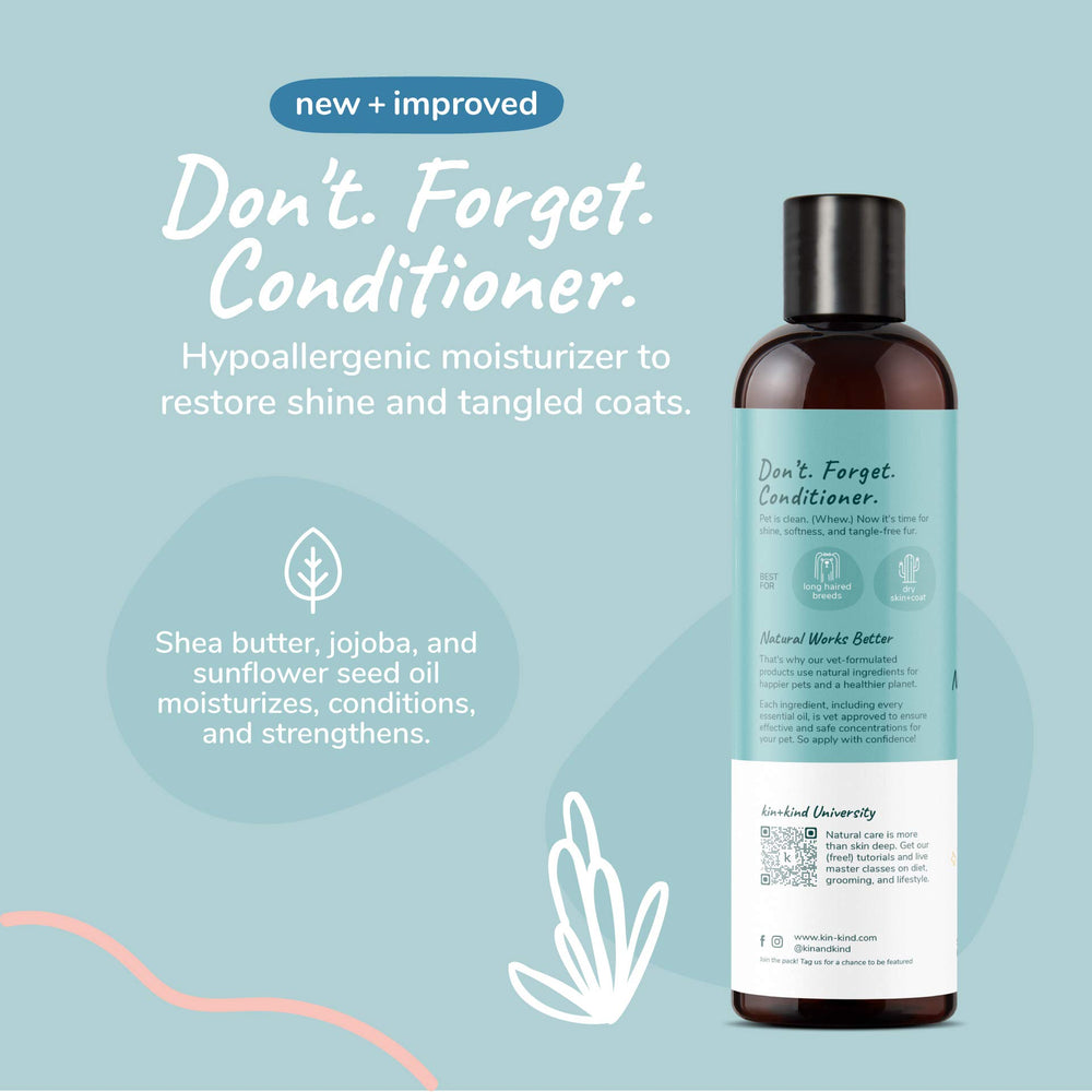kin+kind shea butter conditioner provides softness and shine for healthy coats.