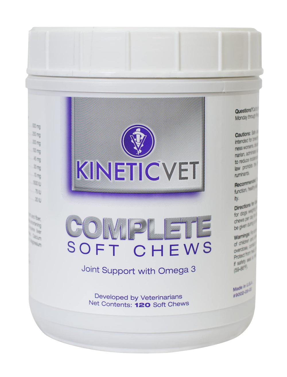 Kinetic Vet Complete Soft Chews bottle close-up supporting joint comfort and immune health