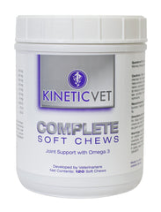 Kinetic Vet Complete Soft Chews bottle close-up supporting joint comfort and immune health