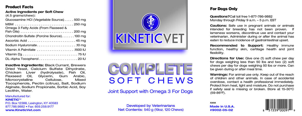 Kinetic Vet Complete Soft Chews treats serving on a dish promotes mobility and skin health