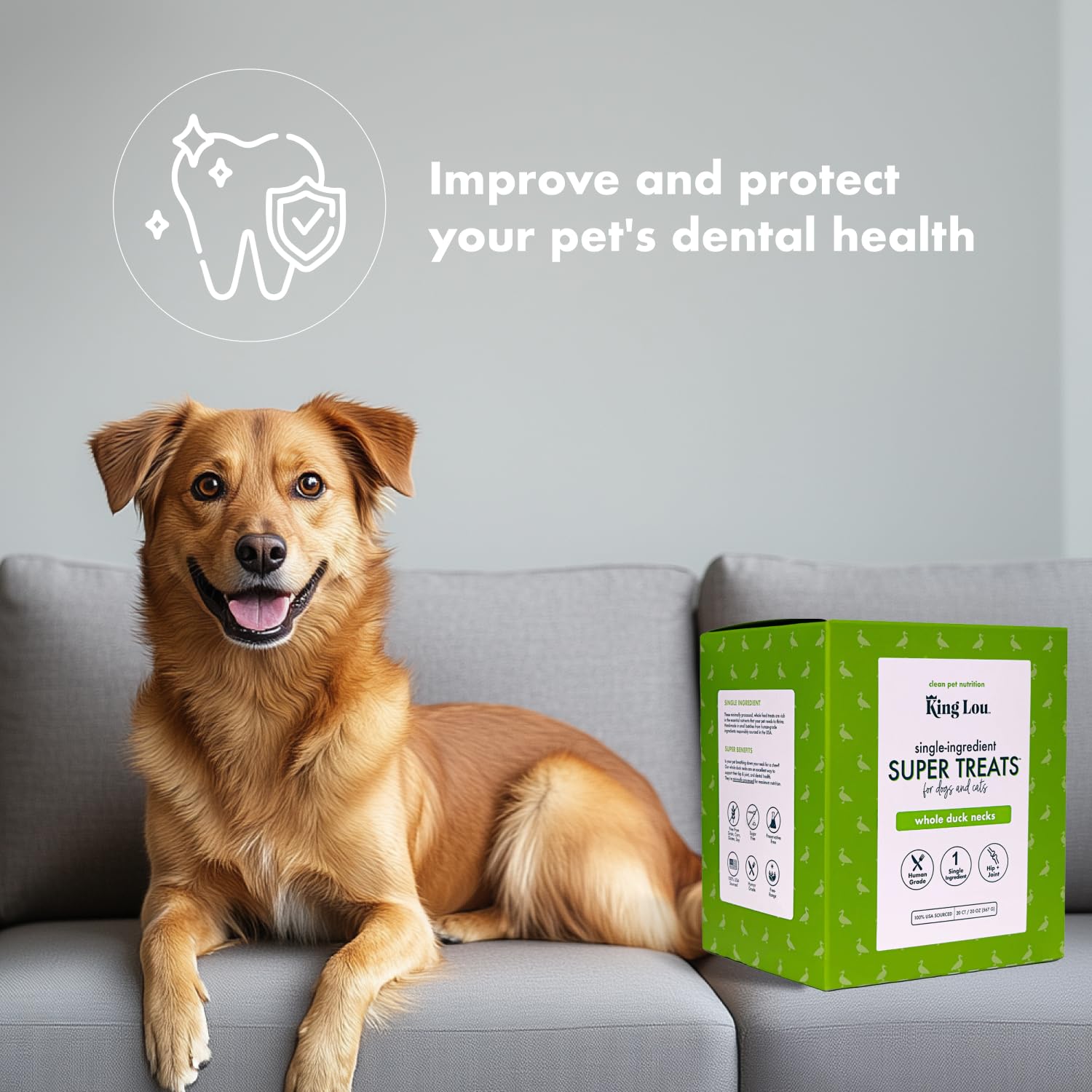 King Lou 20-count box visible on shelf for convenient training rewards.