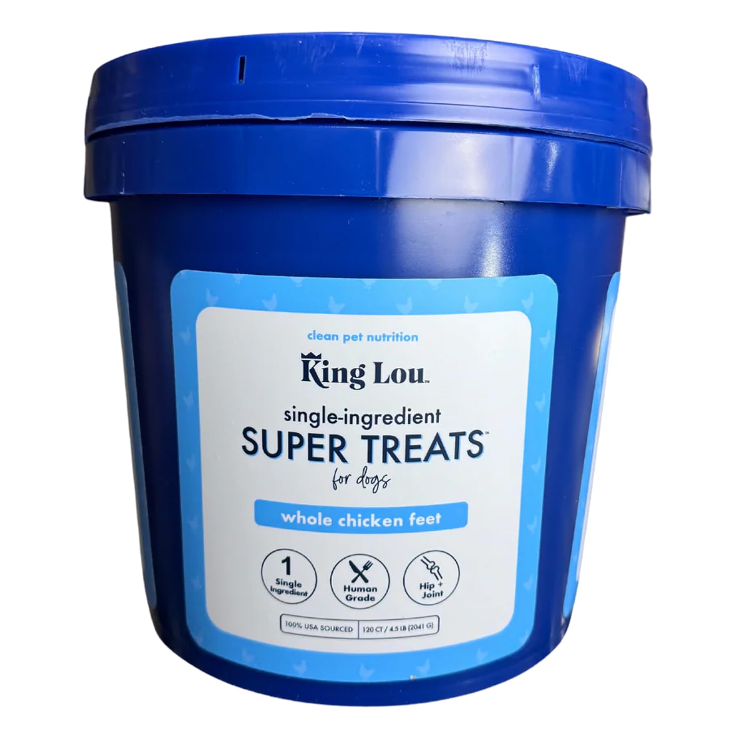 King Lou Chicken Treats bulk-container image showing whole feet for a protein-rich chew